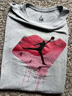 Jordan Grey Tee with Red Graphic and Black Jumpman